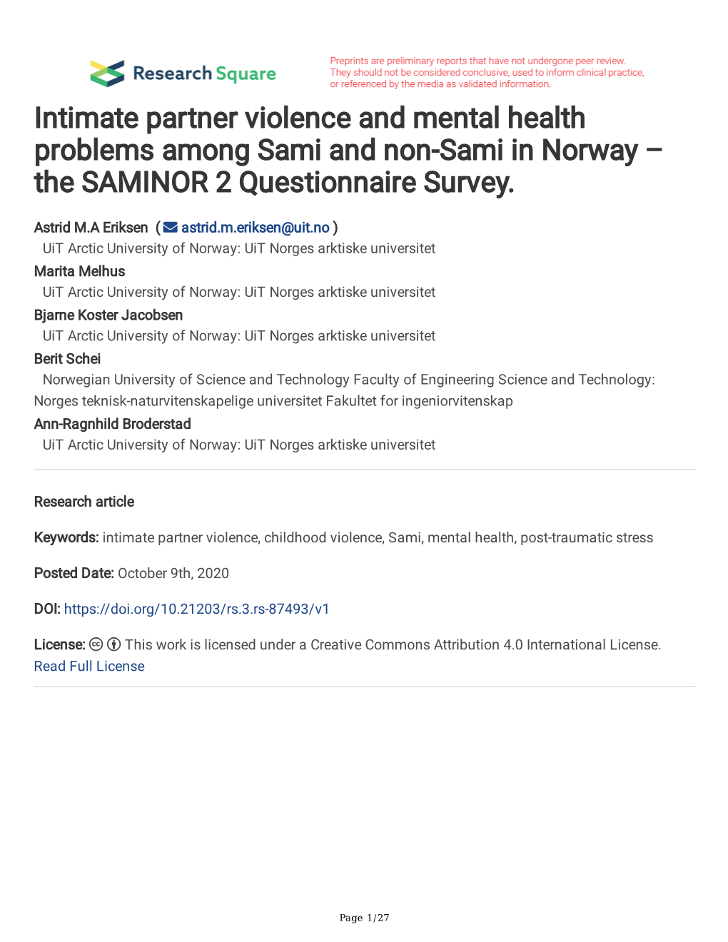 Intimate Partner Violence and Mental Health Problems Among Sami and Non-Sami in Norway – the SAMINOR 2 Questionnaire Survey