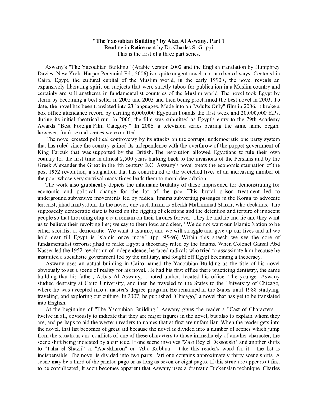 "The Yacoubian Building" by Alaa Al Aswany, Part 1 Reading in Retirement by Dr