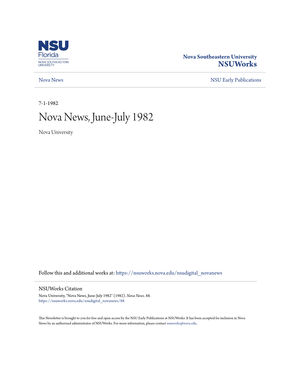 Nova News, June-July 1982 Nova University