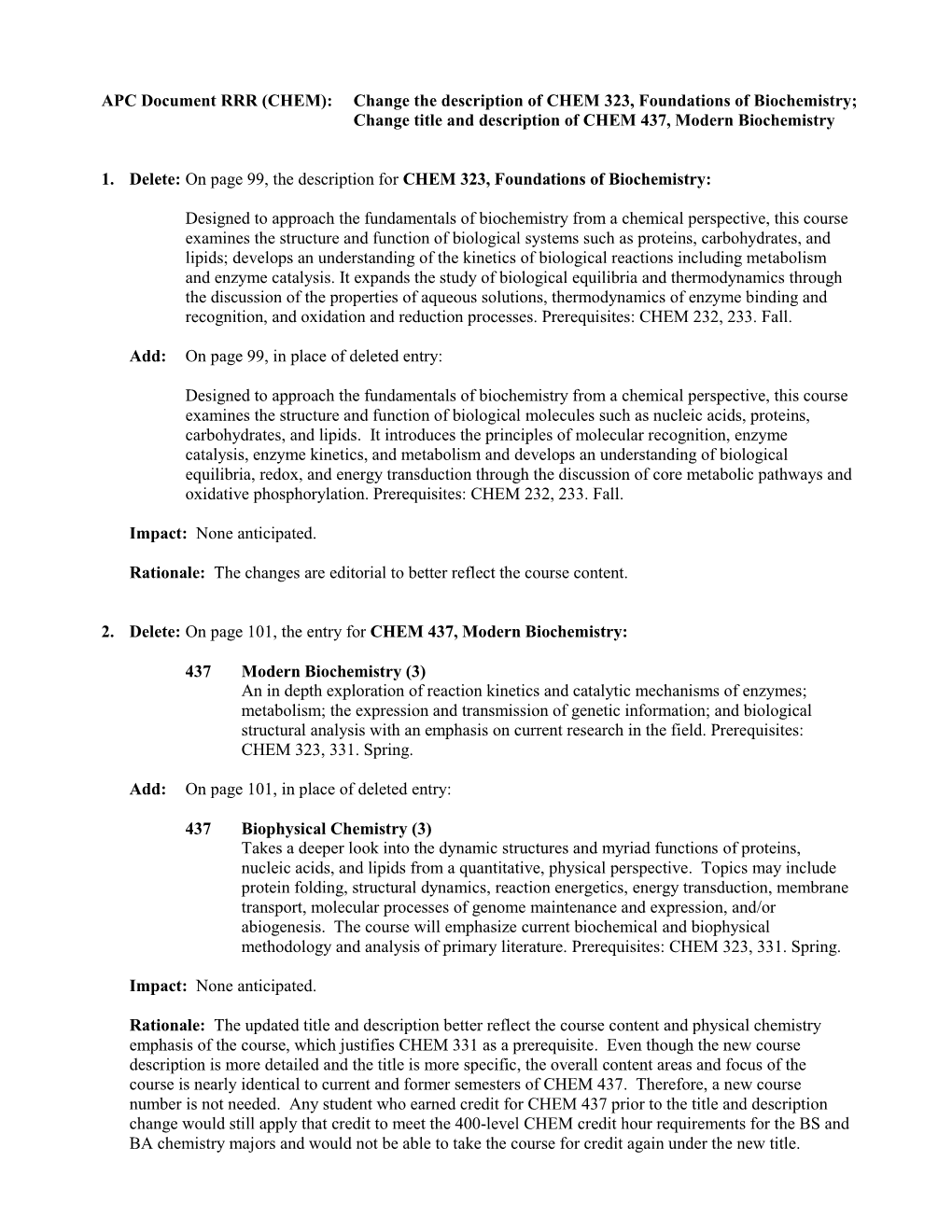 Change the Description of CHEM 323, Foundations of Biochemistry; Change Title and Description of CHEM 437, Modern Biochemistry