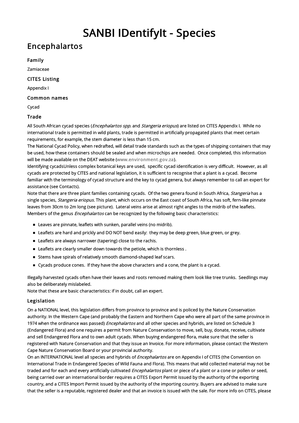 Species Encephalartos Family Zamiaceae CITES Listing Appendix I Common Names Cycad Trade All South African Cycad Species (Encephalartos Spp