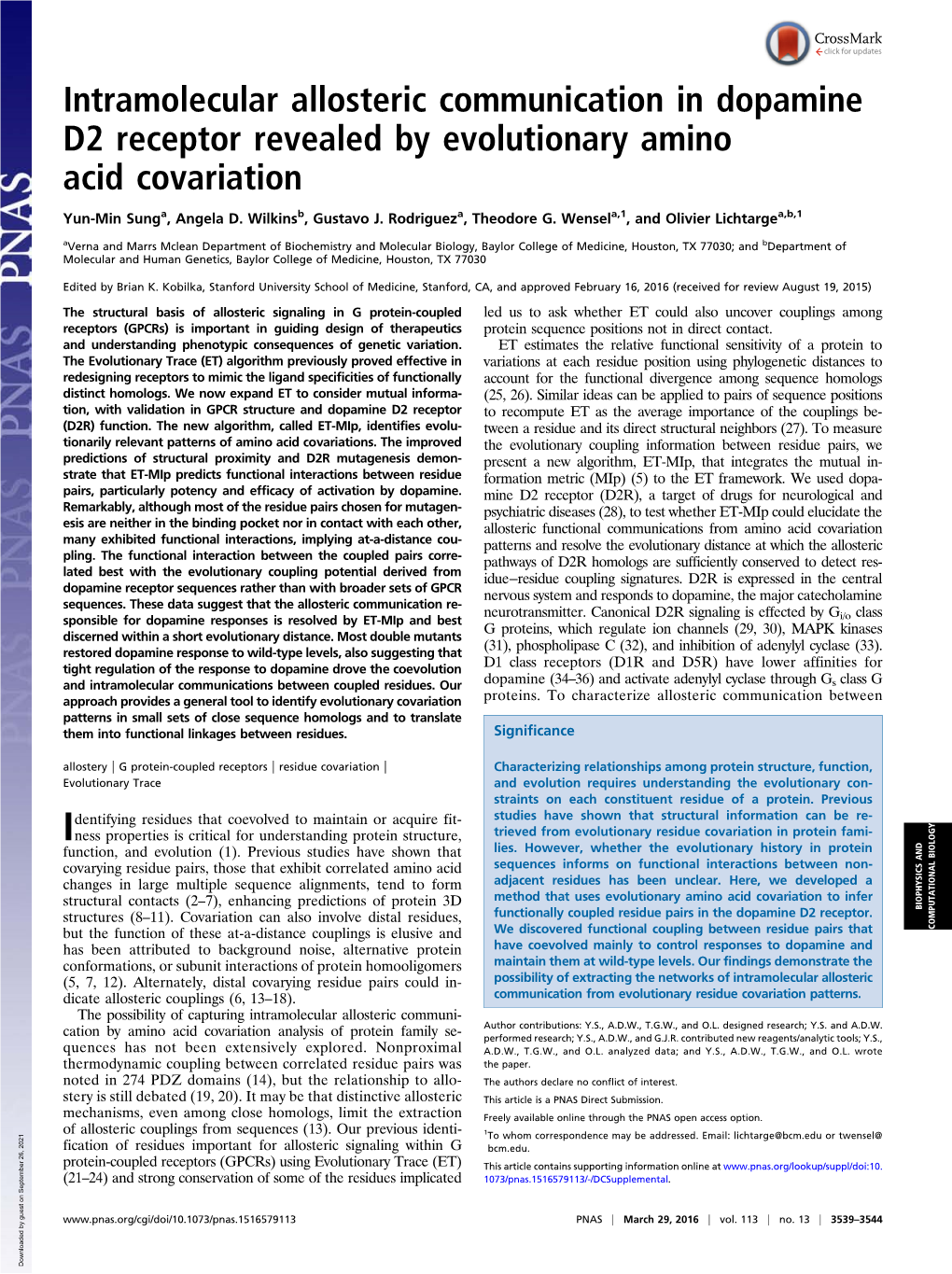 Intramolecular Allosteric Communication in Dopamine D2 Receptor Revealed by Evolutionary Amino Acid Covariation