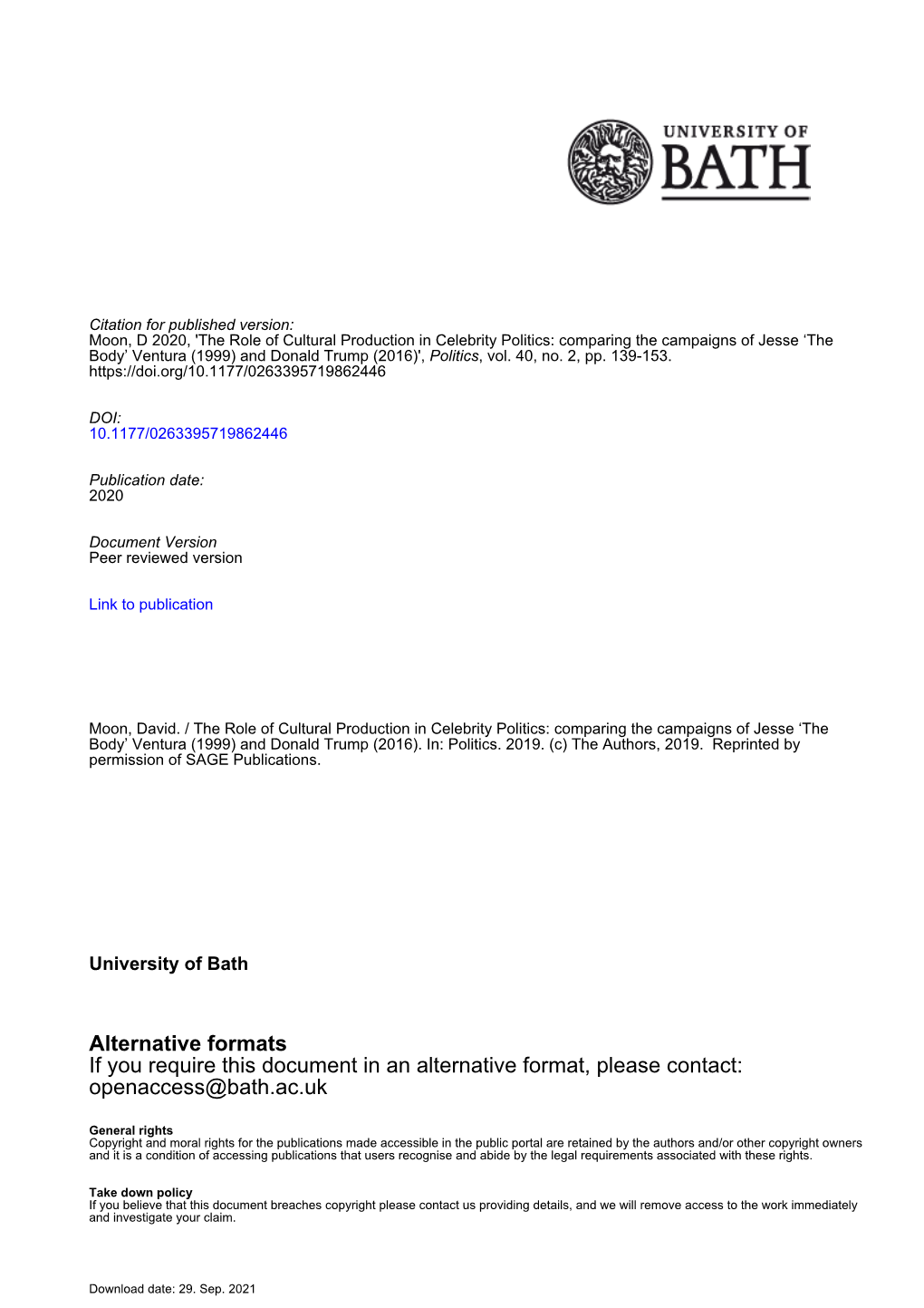 Alternative Formats If You Require This Document in an Alternative Format, Please Contact: Openaccess@Bath.Ac.Uk