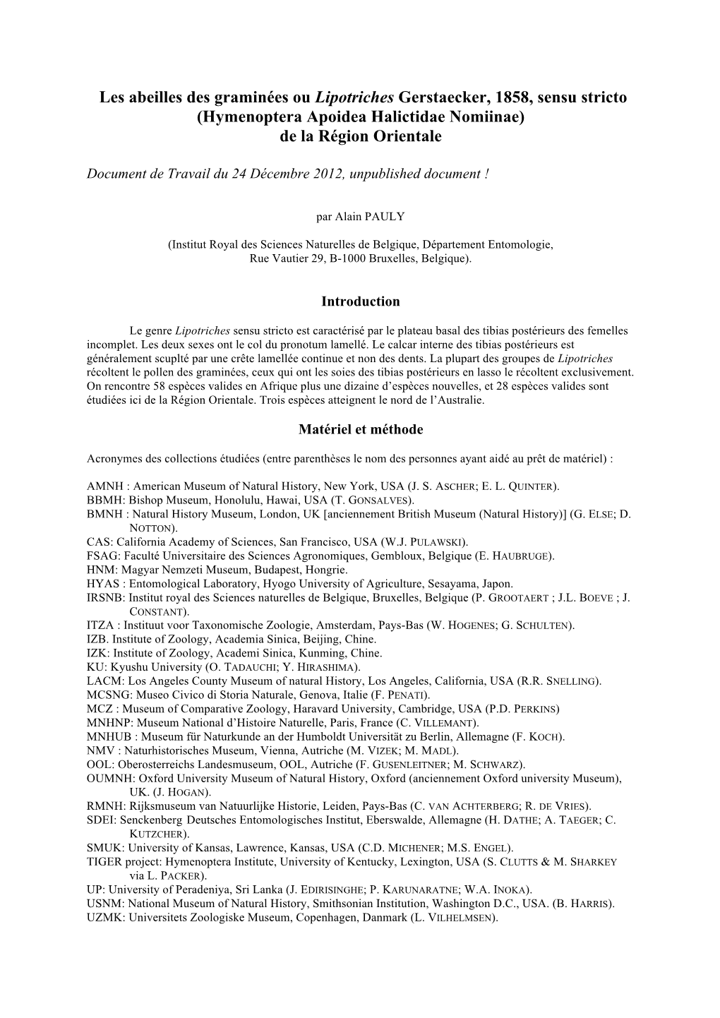 Les Abeilles Des Graminées Ou Lipotriches Gerstaecker, 1858, Sensu Stricto (Hymenoptera Apoidea Halictidae Nomiinae) De La Région Orientale