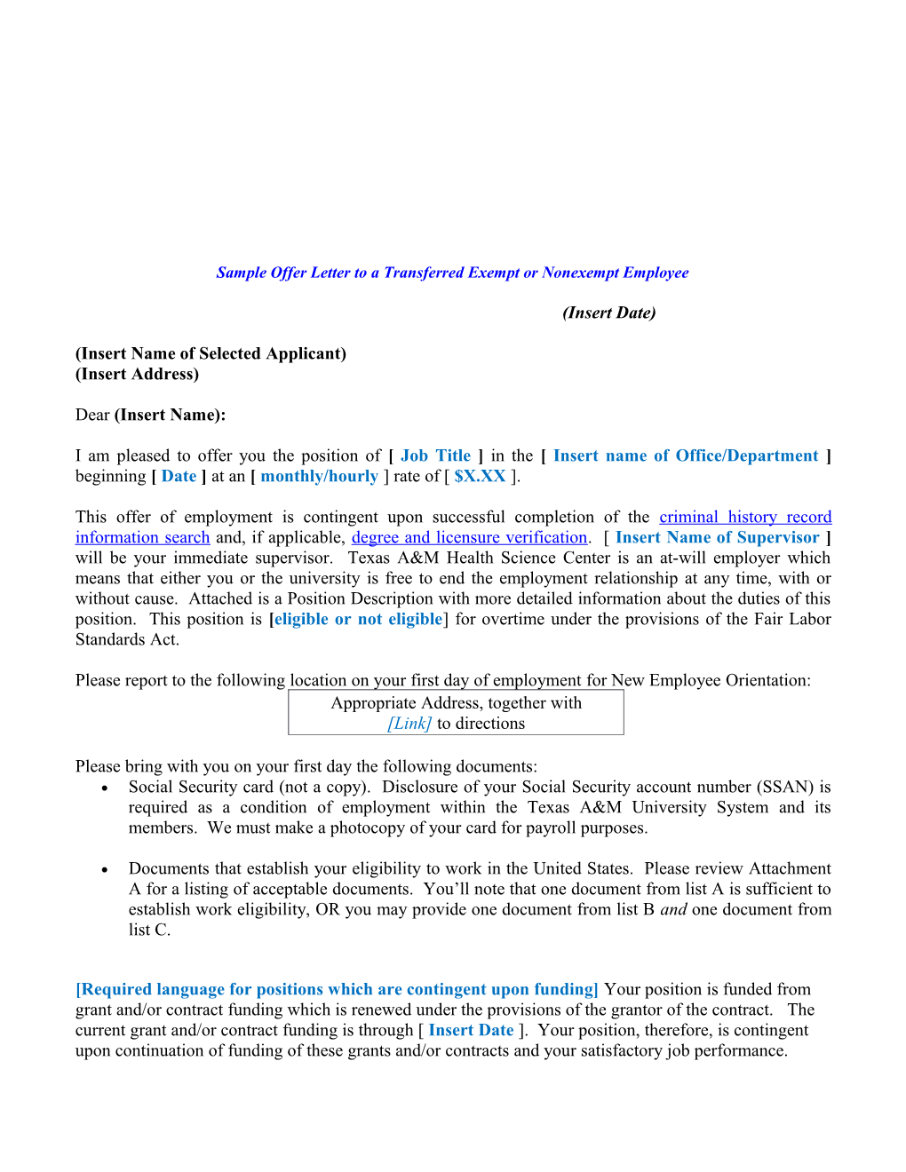 Sample Offer Letter to a Rehired Or New Exempt Or Nonexempt Employee s1