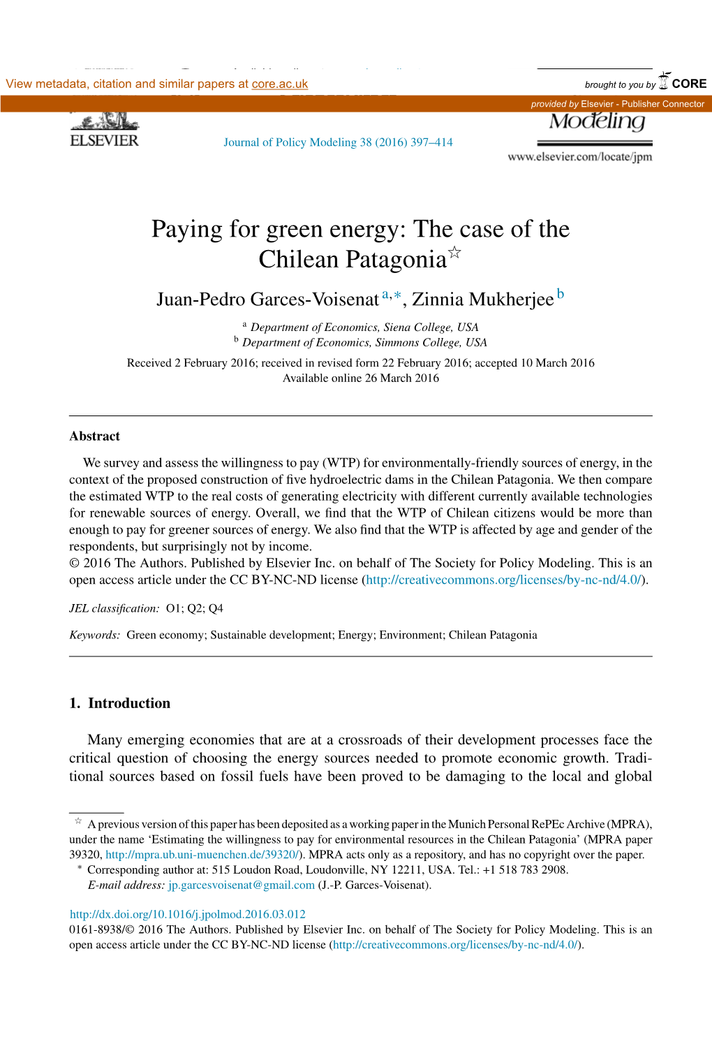 Paying for Green Energy: the Case of the Chilean Patagonia