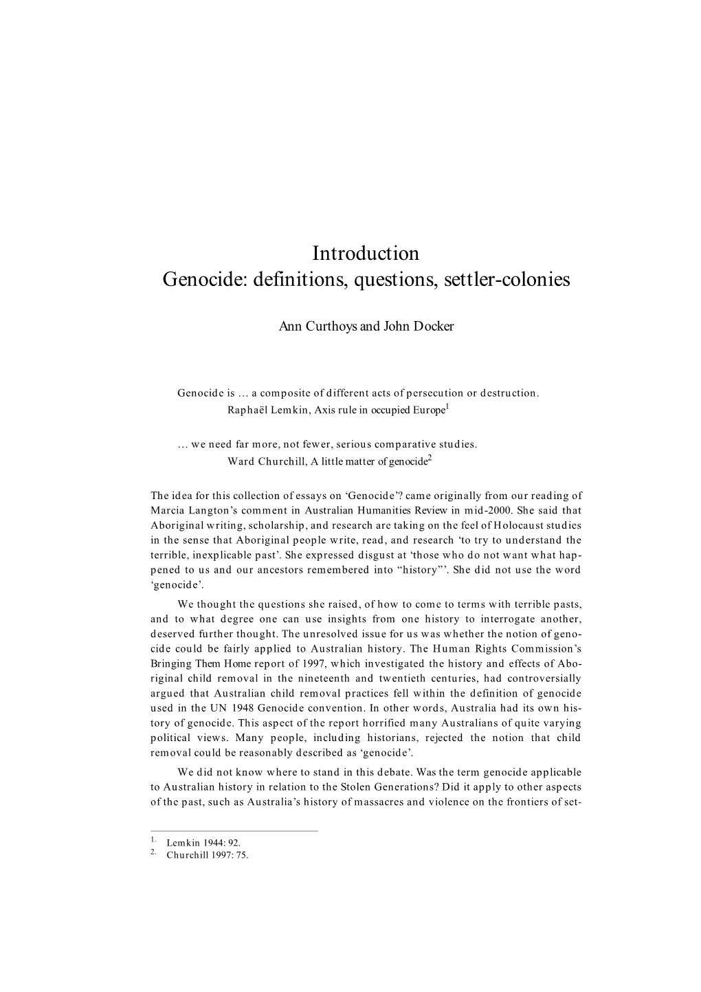 Introduction: Genocide: Definitions, Questions, Settler-Coloni