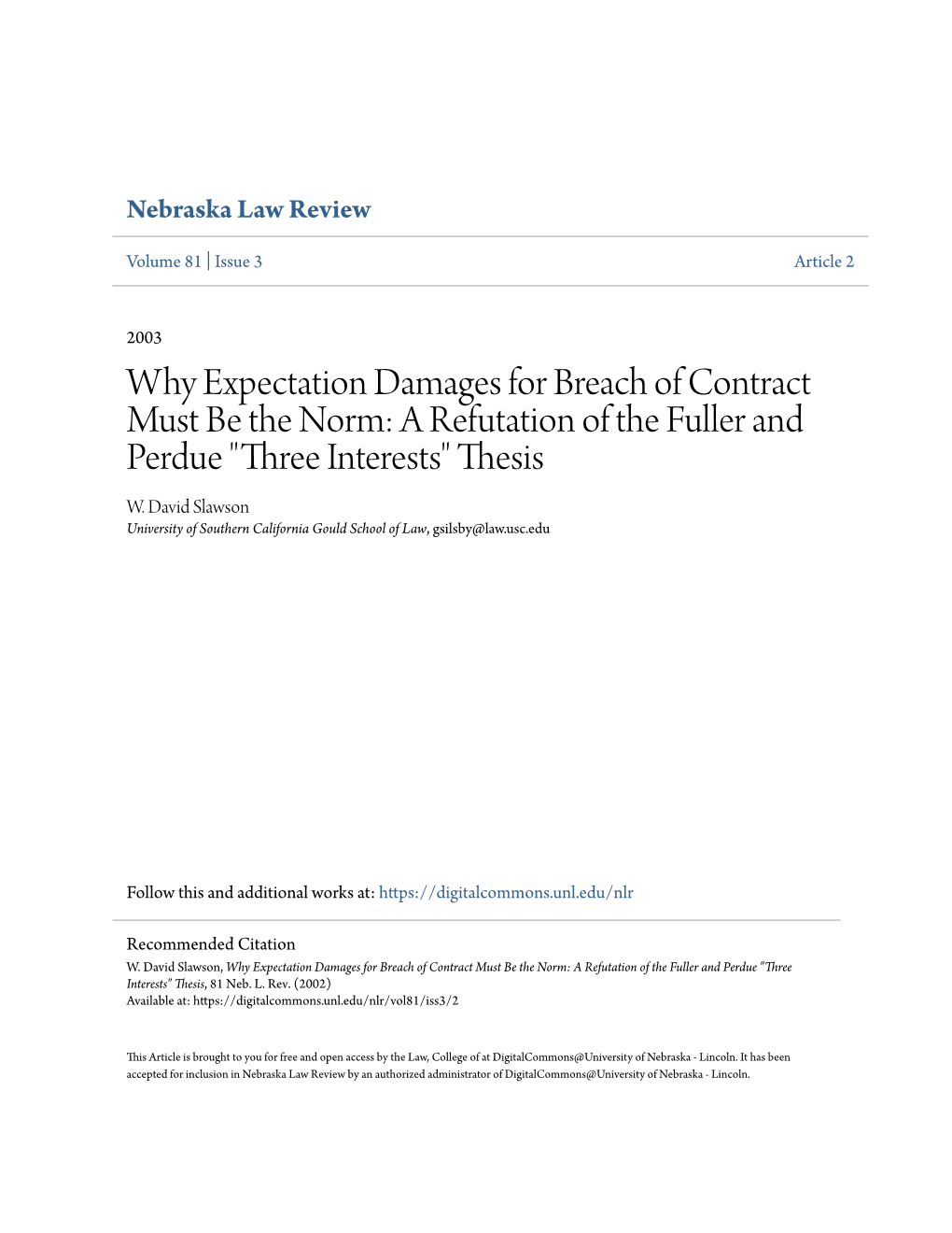 Why Expectation Damages for Breach of Contract Must Be the Norm: a Refutation of the Fuller and Perdue 