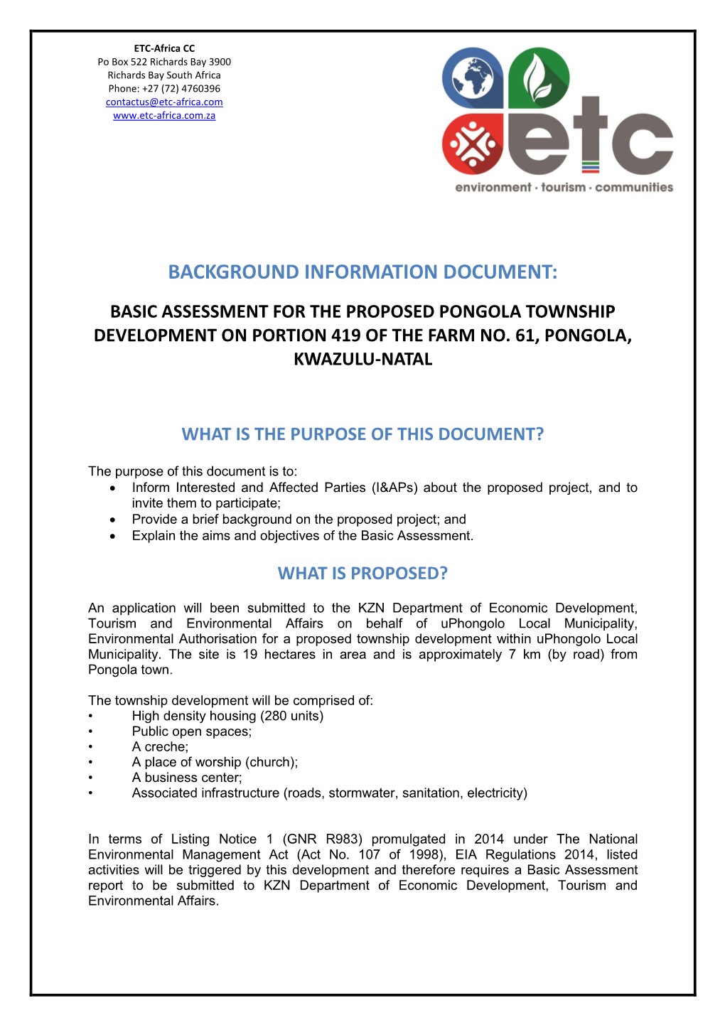 Background Information Document: Basic Assessment for the Proposed Pongola Township Development on Portion 419 of the Farm No