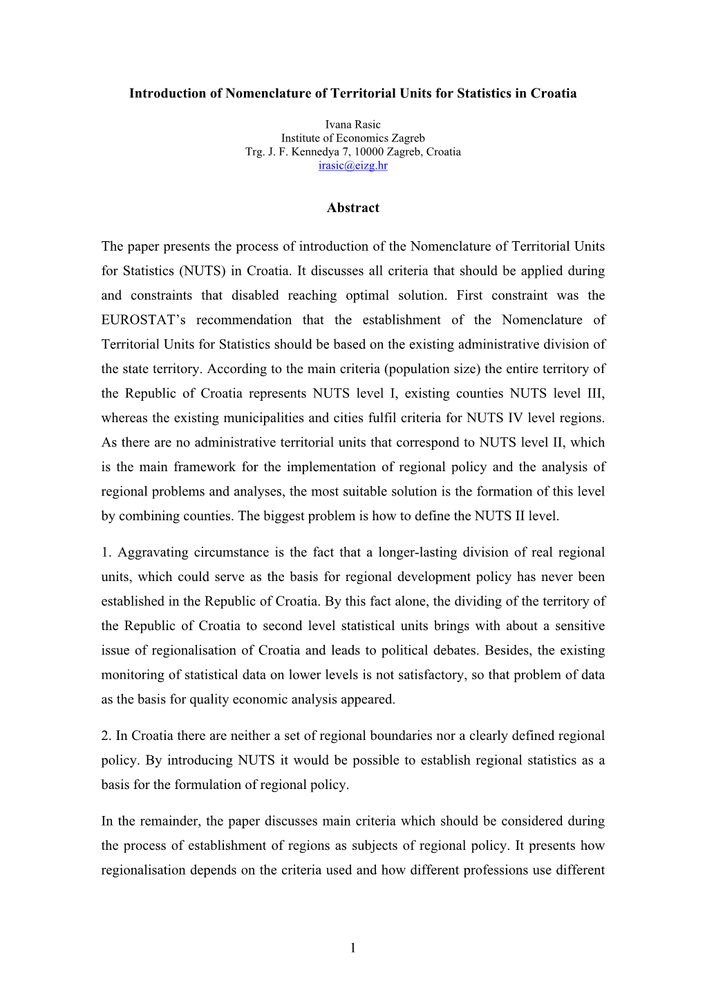 Introduction of Nomenclature of Territorial Units for Statistics in Croatia