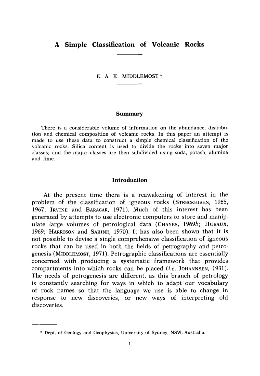 A Simple Classification of Volcanic Rocks Summary Introduction