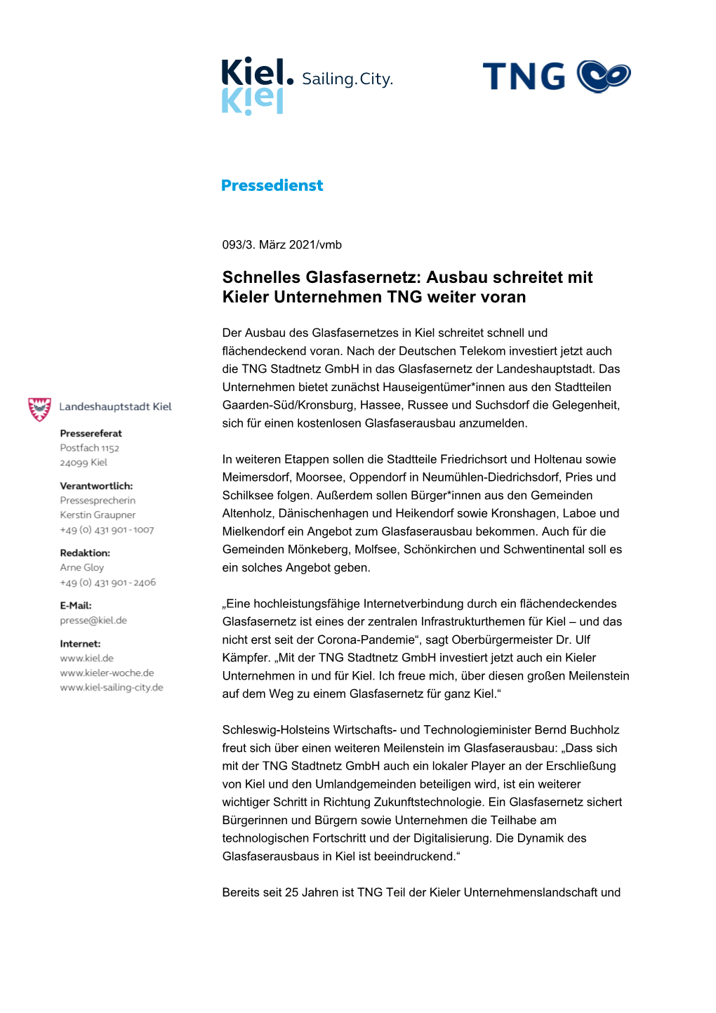 Schnelles Glasfasernetz: Ausbau Schreitet Mit Kieler Unternehmen TNG Weiter Voran