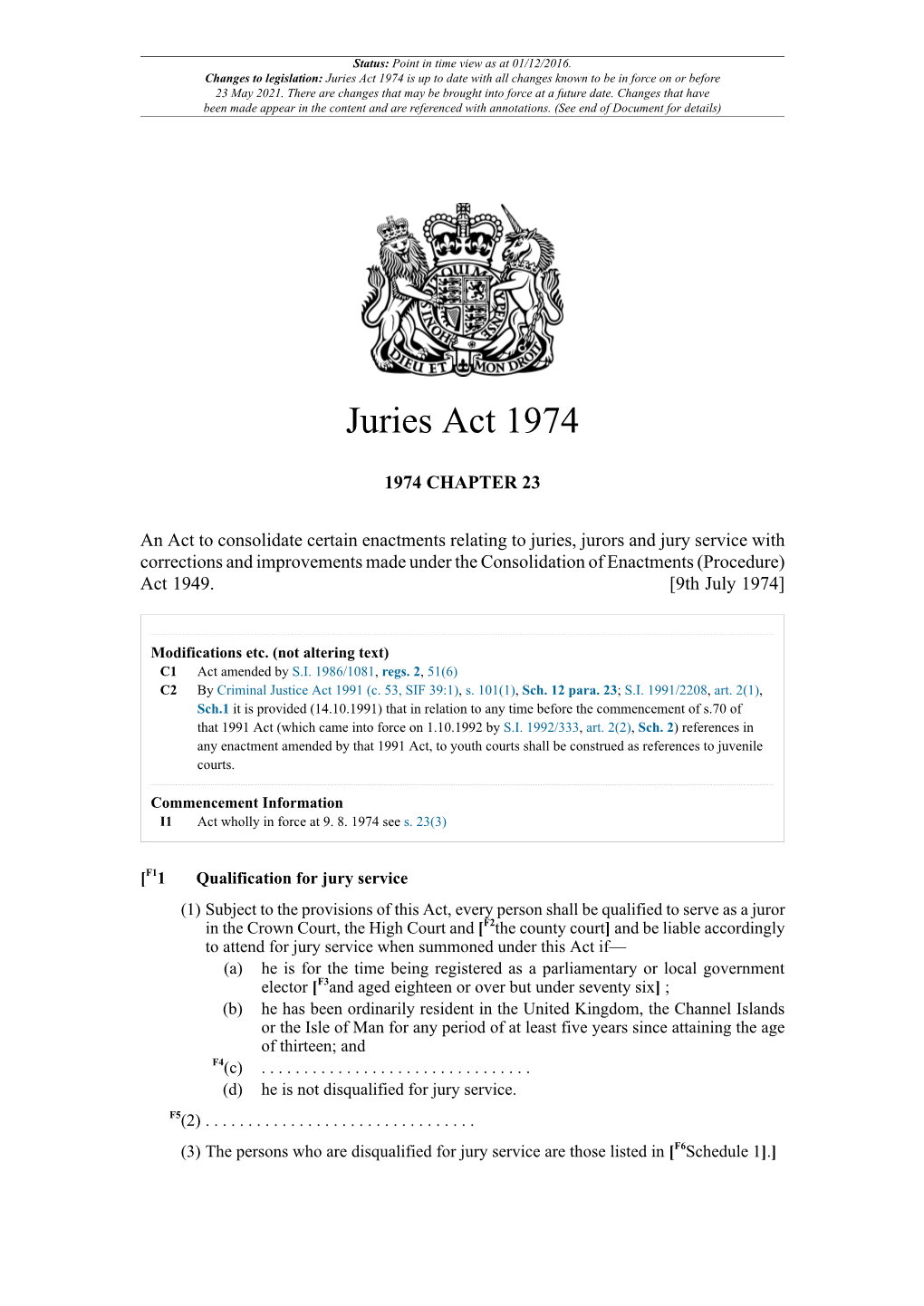 Juries Act 1974 Is up to Date with All Changes Known to Be in Force on Or Before 23 May 2021