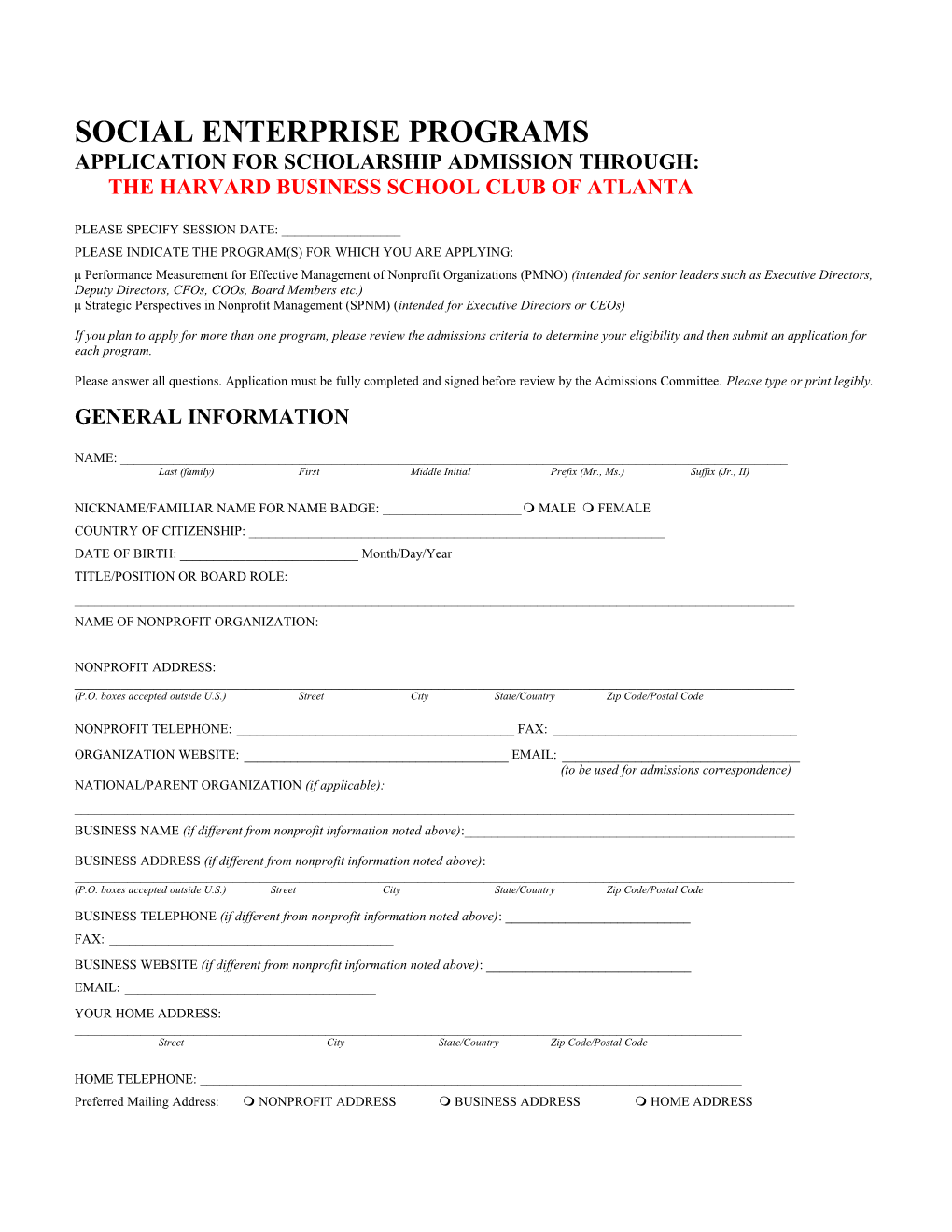 Application for Admission