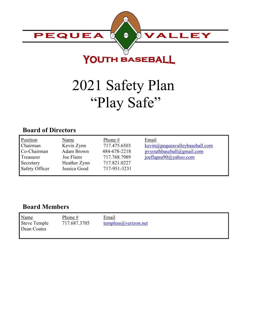 2021 Safety Plan “Play Safe”