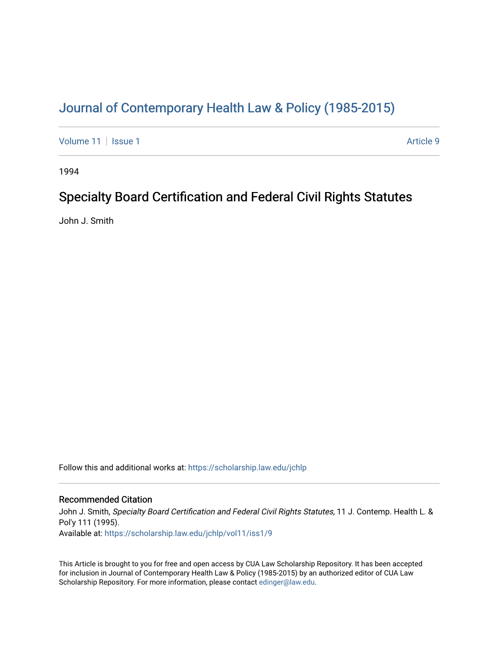 Specialty Board Certification and Federal Civil Rights Statutes, 11 J