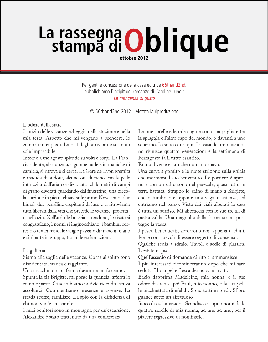 La Rassegna Stampa Dioblique Ottobre 2012