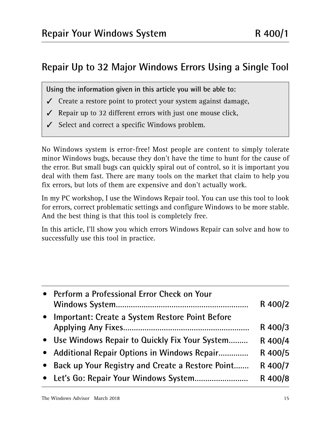 Repair up to 32 Major Windows Errors Using a Single Tool R 400/1
