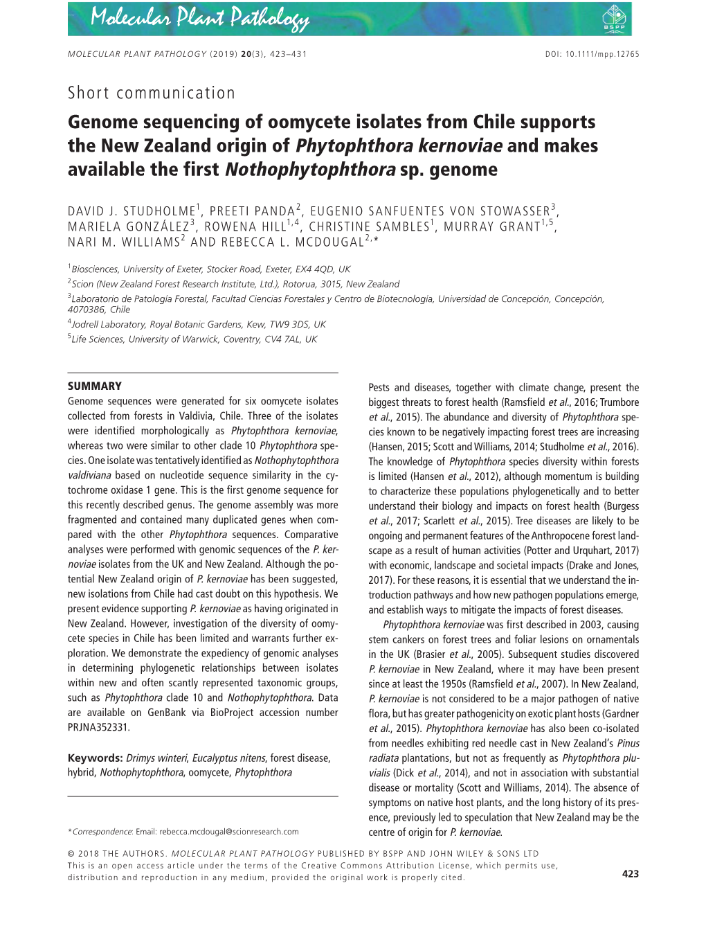 Genome Sequencing of Oomycete Isolates from Chile Supports the New Zealand Origin of Phytophthora Kernoviae and Makes Available the First Nothophytophthora Sp