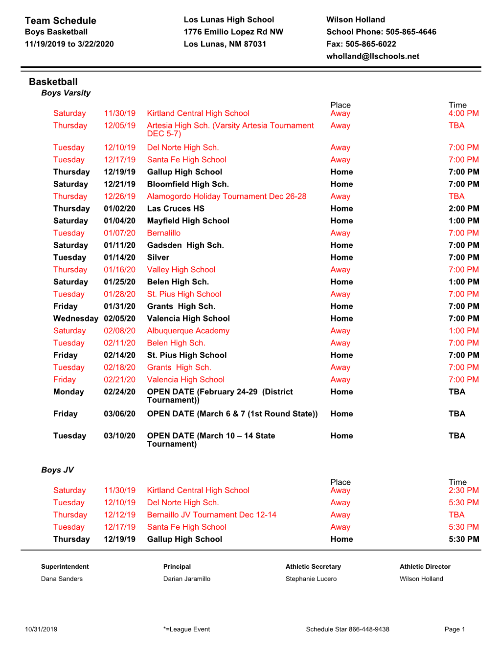 Team Schedule Basketball