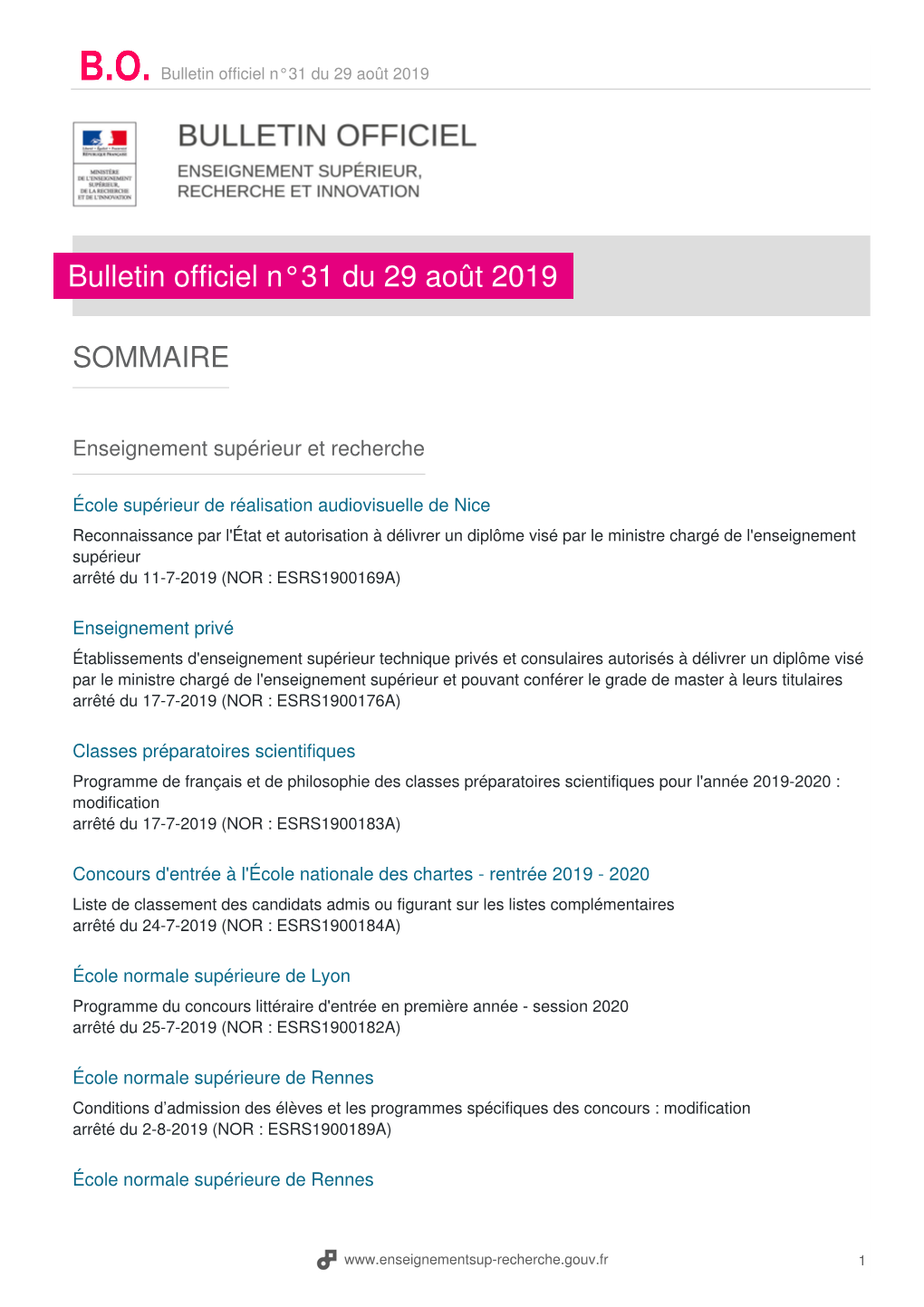 Bulletin Officiel N°31 Du 29 Août 2019