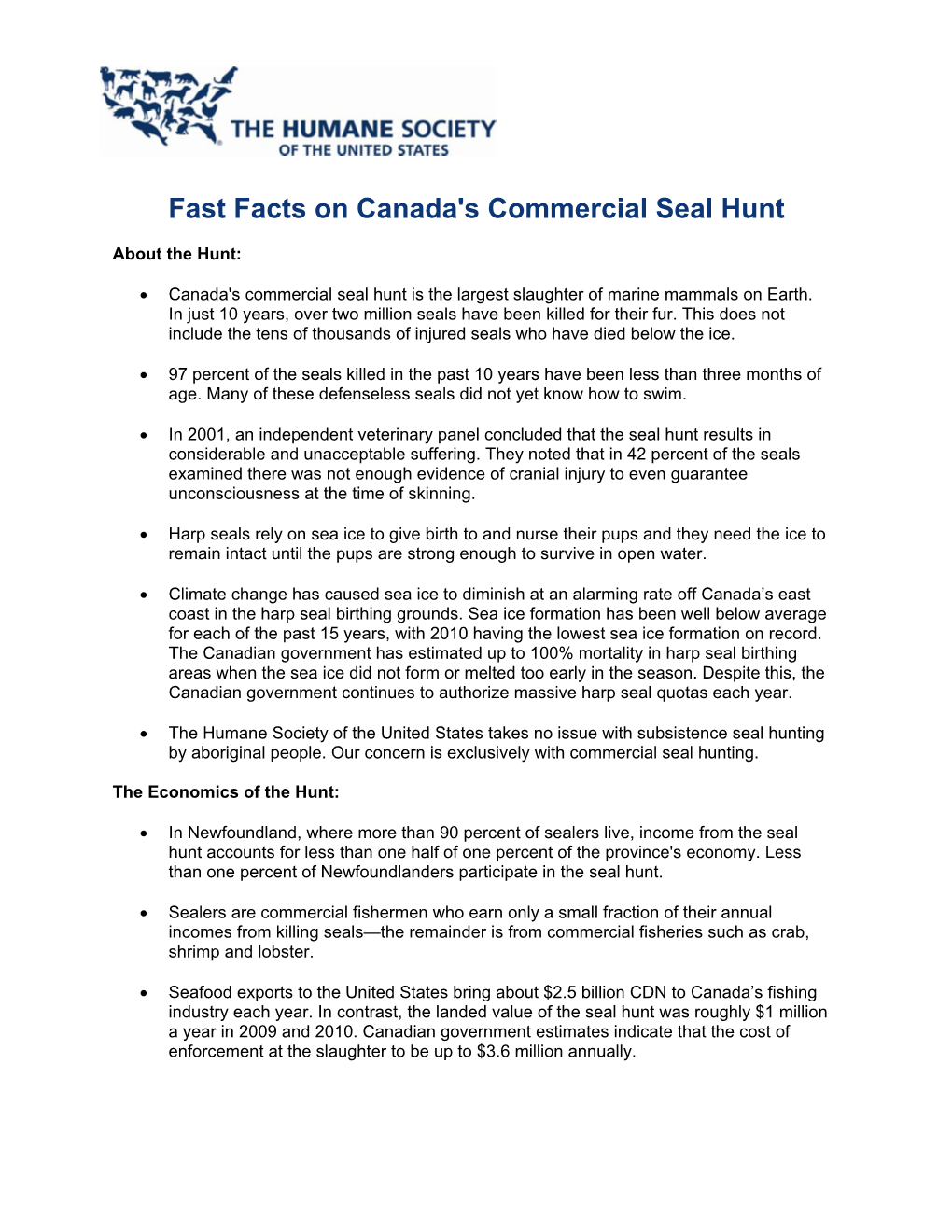 Fast Facts on Canada's Commercial Seal Hunt