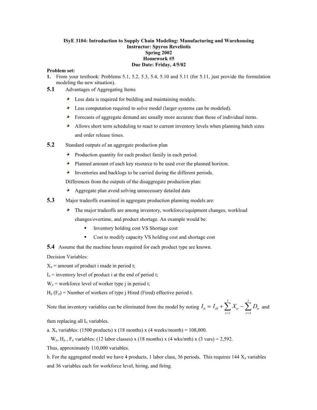 Isye 3104: Introduction to Supply Chain Modeling: Manufacturing and Warehousing