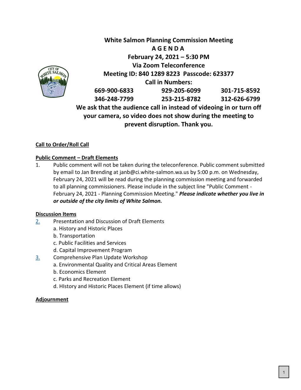 White Salmon Planning Commission Meeting AGENDA February 24, 2021