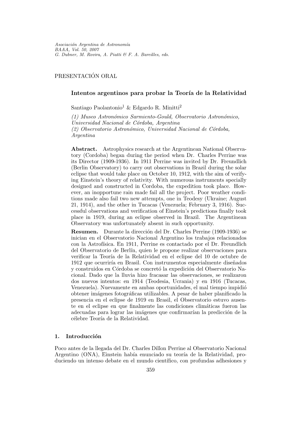 Intentos Argentinos Para Probar La Teor´Ia De La Relatividad