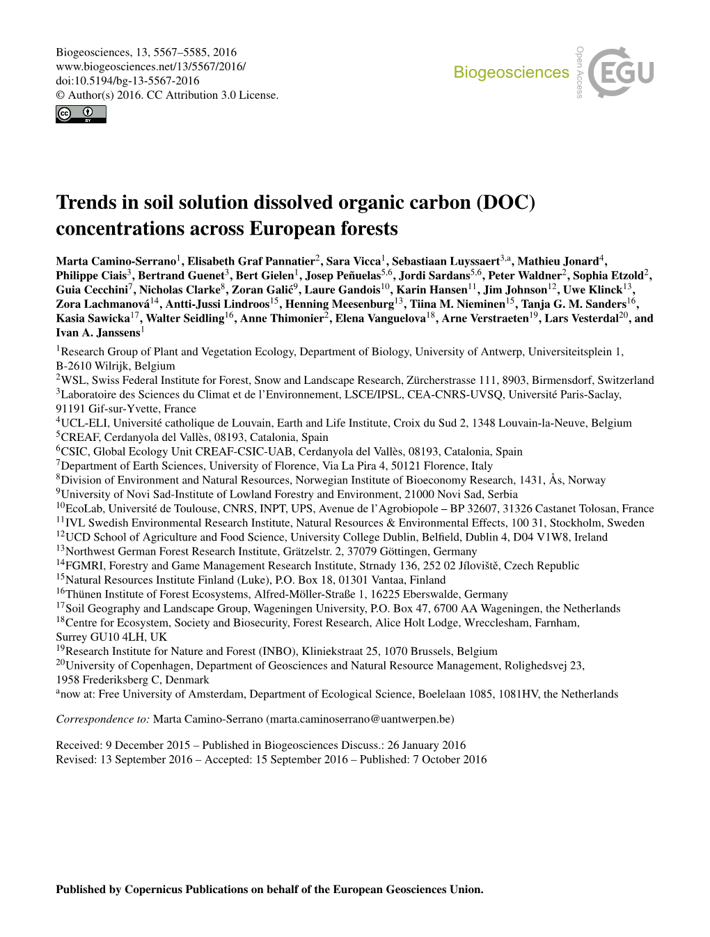 Trends in Soil Solution Dissolved Organic Carbon (DOC) Concentrations Across European Forests