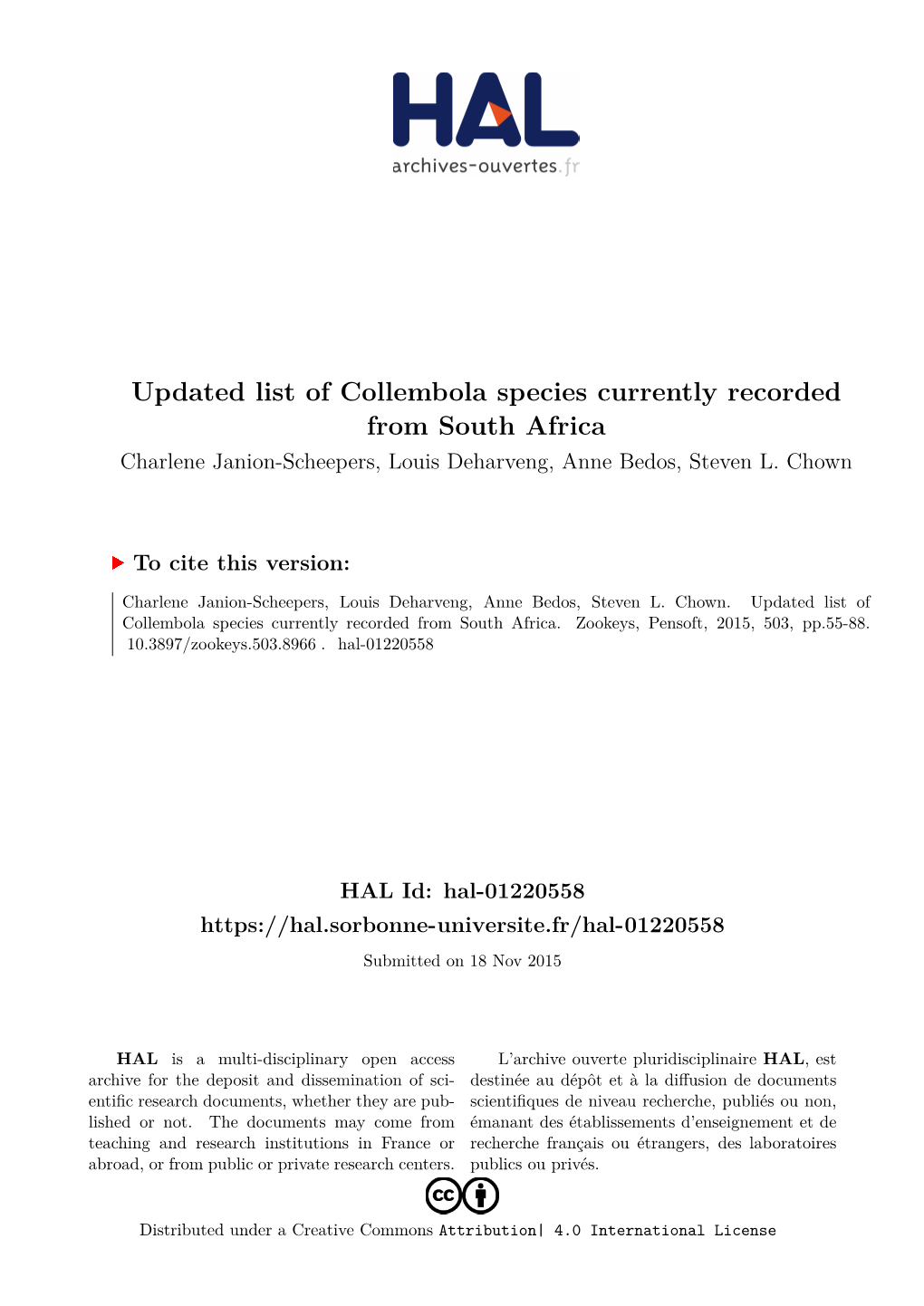 Updated List of Collembola Species Currently Recorded from South Africa Charlene Janion-Scheepers, Louis Deharveng, Anne Bedos, Steven L