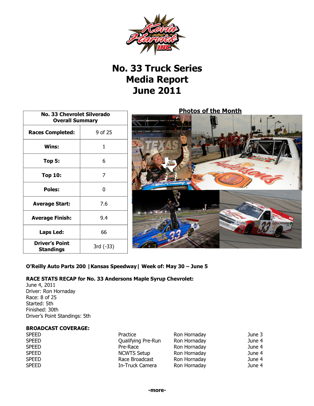 No. 33 Truck Series Media Report June 2011