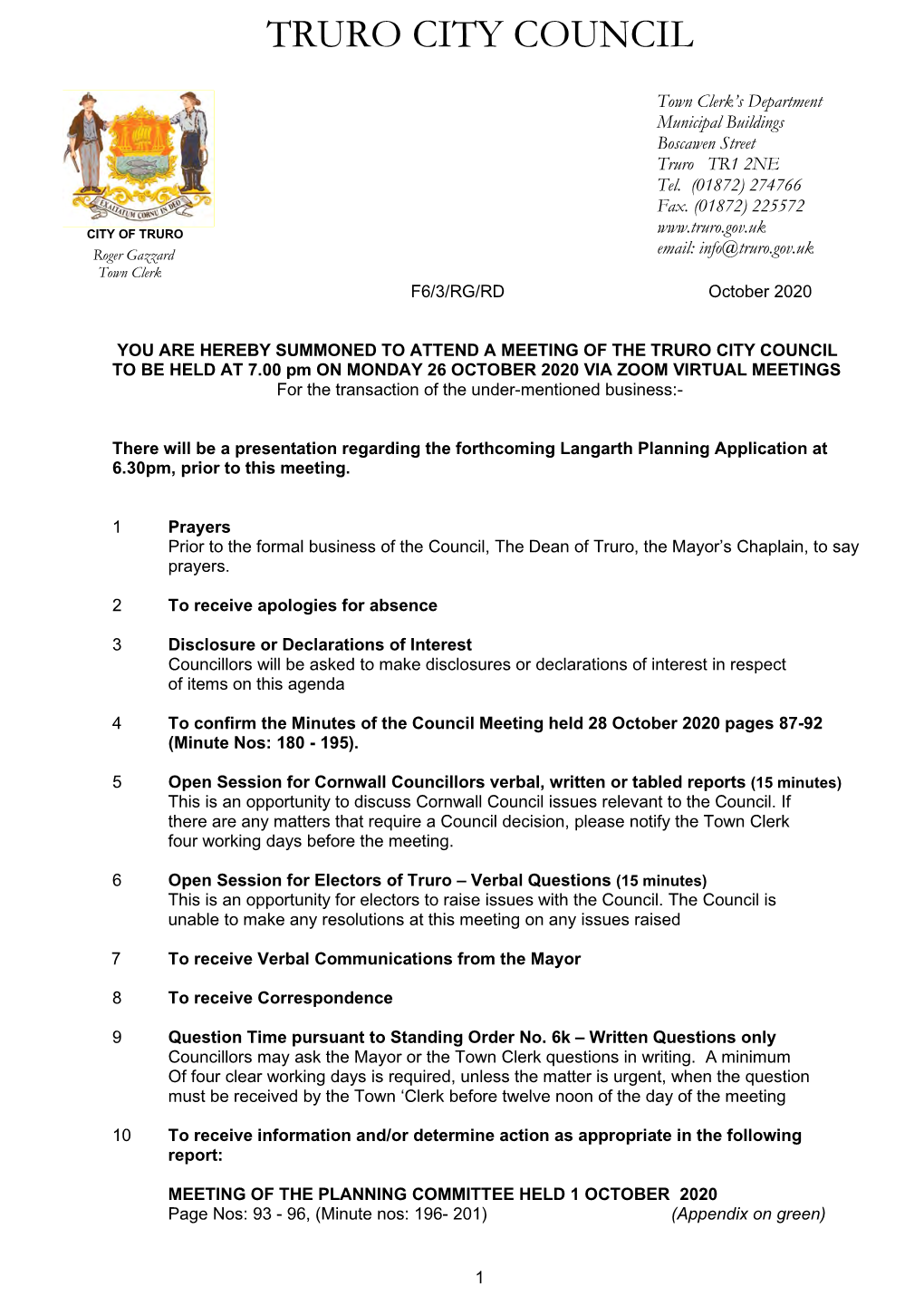 Town Clerks Report Council 28Th September 2020