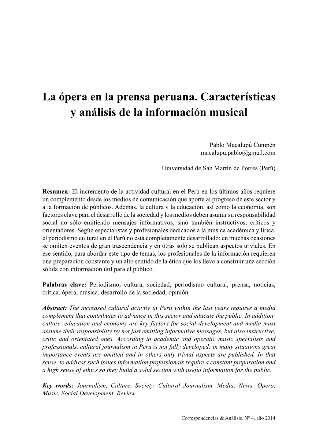 La Ópera En La Prensa Peruana. Características Y Análisis De La Información Musical