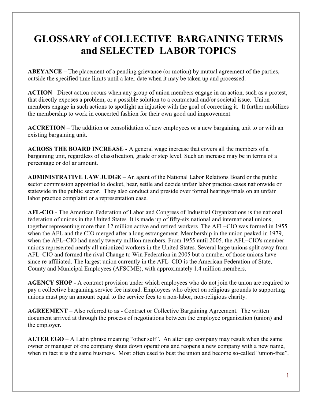 GLOSSARY of COLLECTIVE BARGAINING TERMS and SELECTED LABOR TOPICS