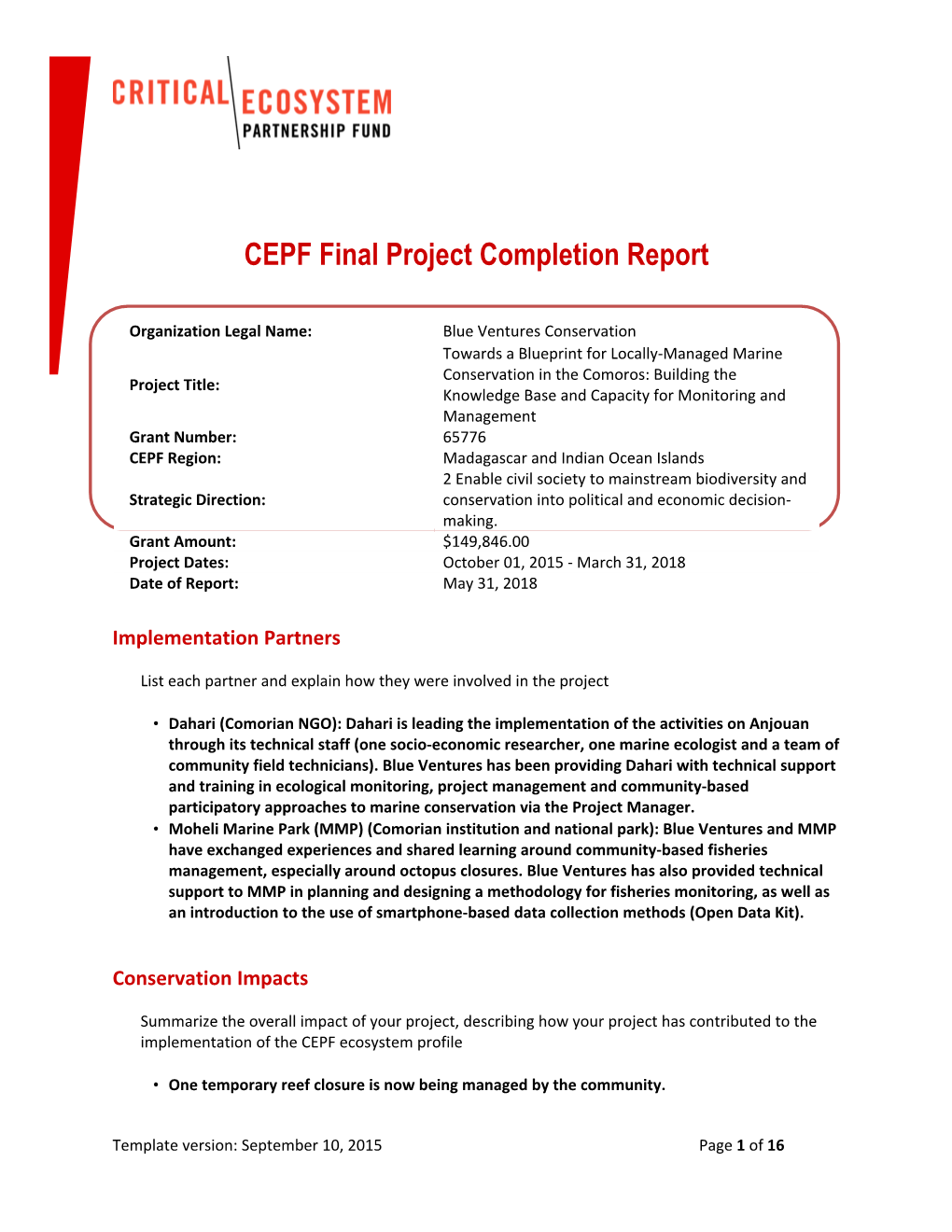 CEPF Final Project Completion Report