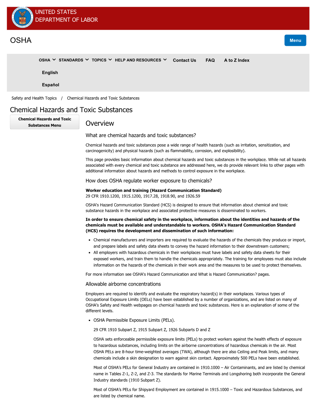 Chemical Hazards and Toxic Substances Chemical Hazards and Toxic Substances