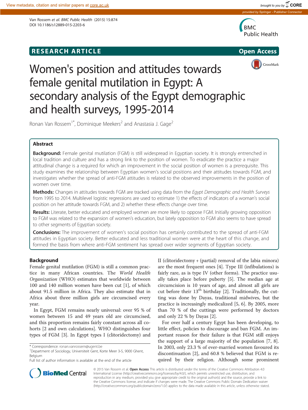 Women's Position and Attitudes Towards Female Genital Mutilation in Egypt