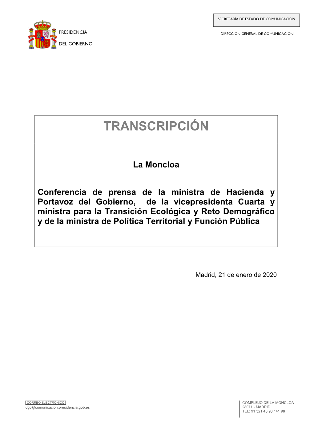 Rueda De Prensa Consejo De Ministros 21.01.2020