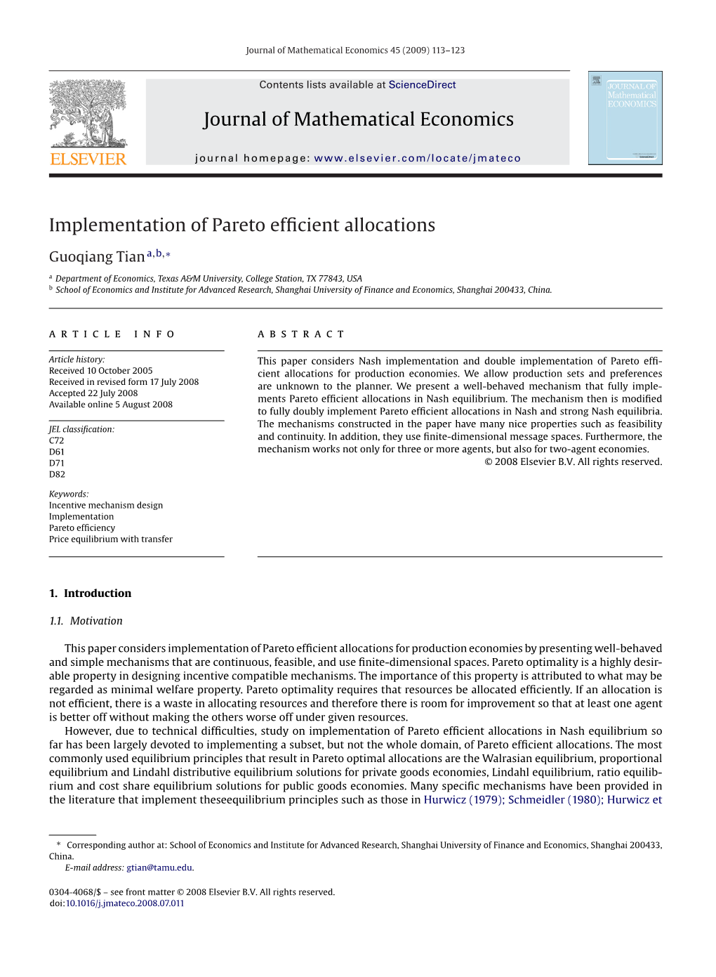 Journal of Mathematical Economics Implementation of Pareto Efficient Allocations