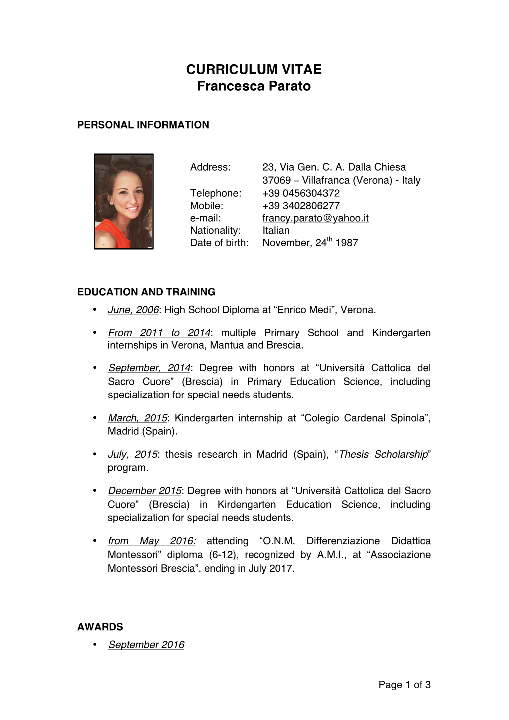 CURRICULUM VITAE Francesca Parato