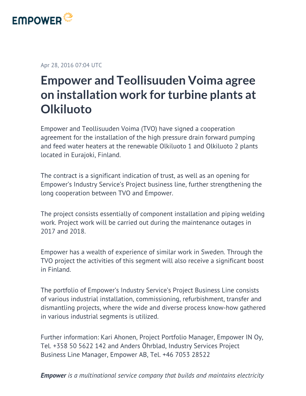 Empower and Teollisuuden Voima Agree on Installation Work for Turbine Plants at Olkiluoto