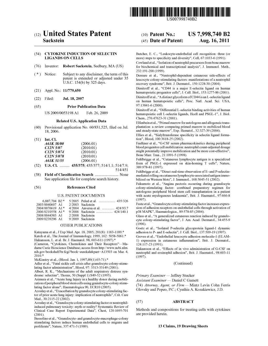 (12) United States Patent (10) Patent No.: US 7,998,740 B2 Sackstein (45) Date of Patent: Aug