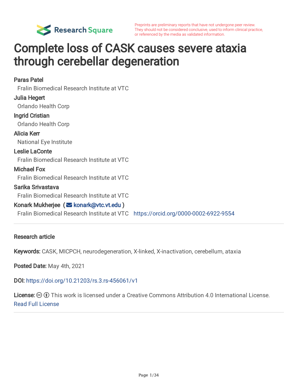 Complete Loss of CASK Causes Severe Ataxia Through Cerebellar Degeneration