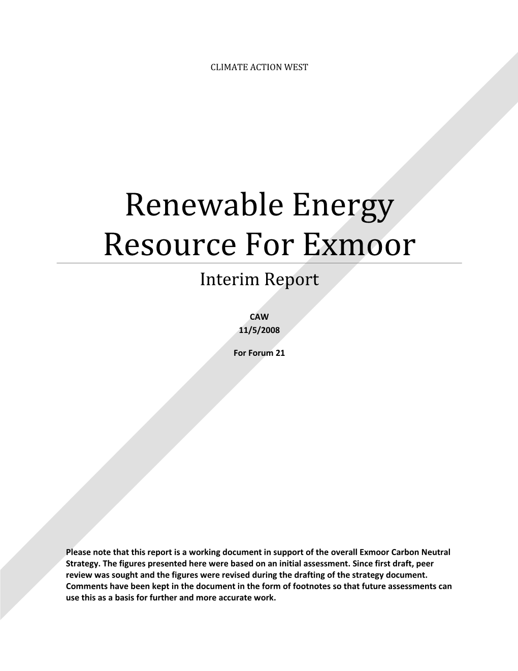 Renewable Energy Resource for Exmoor Interim Report