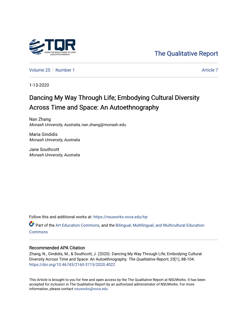 Dancing My Way Through Life; Embodying Cultural Diversity Across Time and Space: an Autoethnography