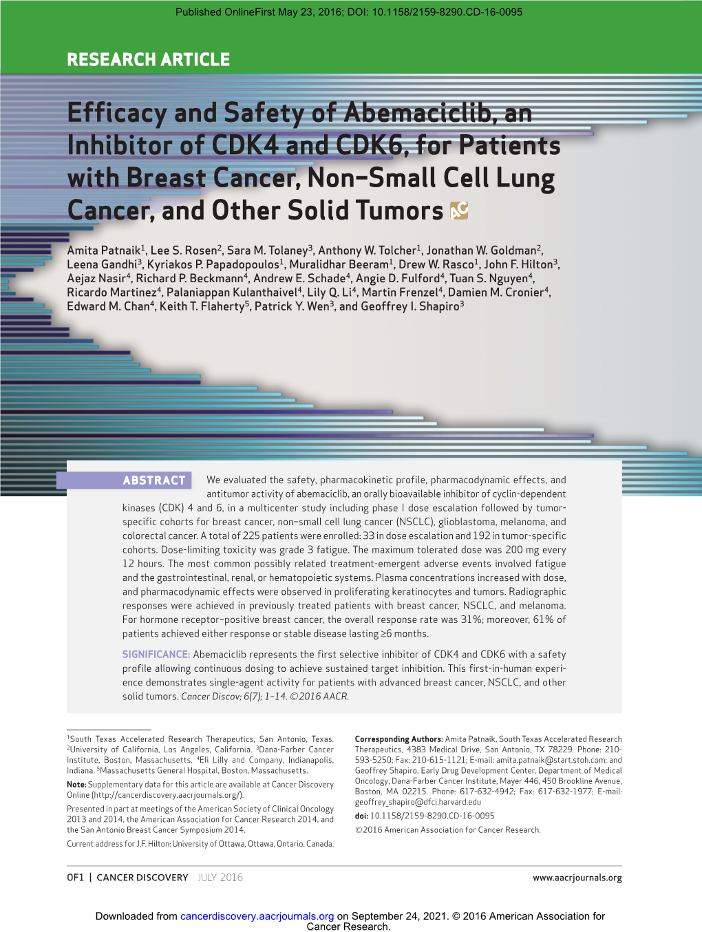 Efficacy and Safety of Abemaciclib, an Inhibitor of CDK4 and CDK6, for Patients with Breast Cancer, Non–Small Cell Lung Cancer, and Other Solid Tumors