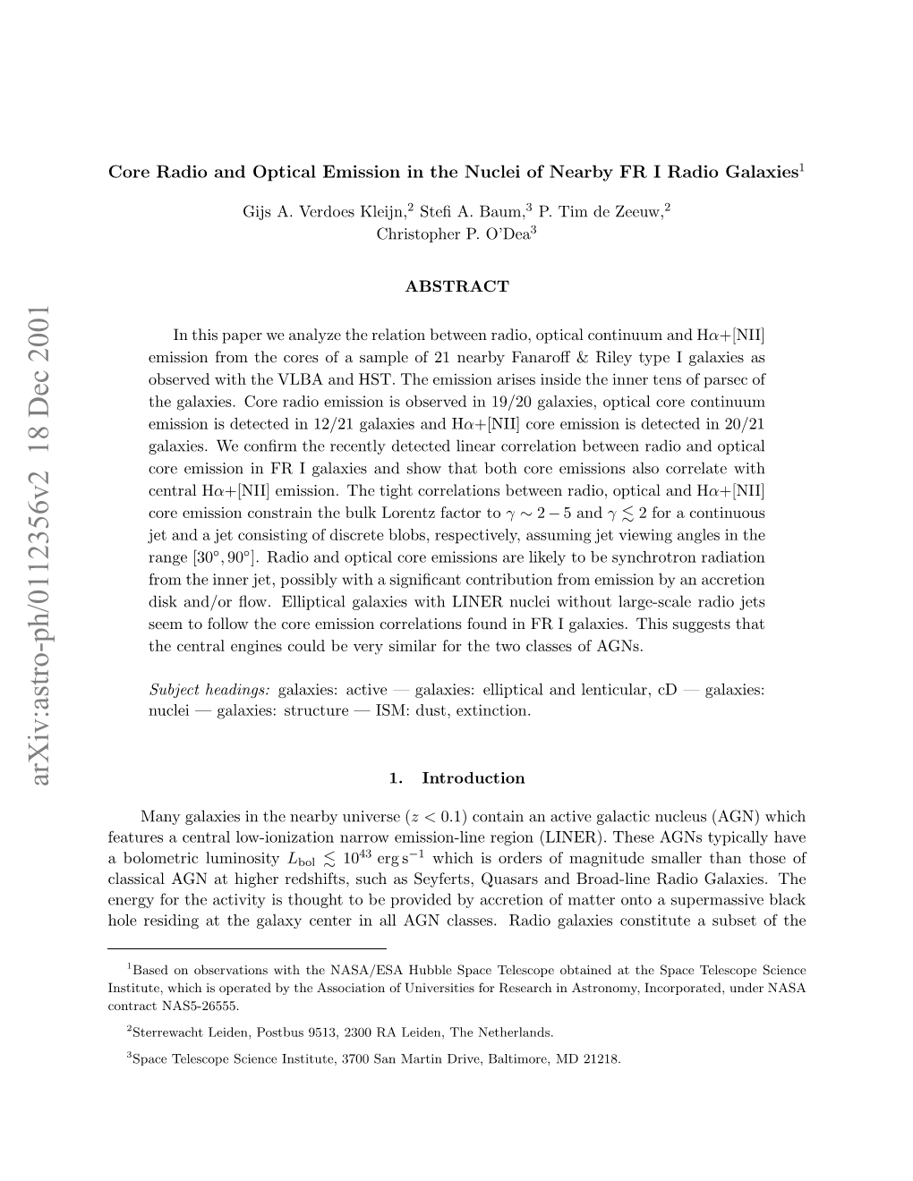 Core Radio and Optical Emission in Nearby FR I Radio Galaxies