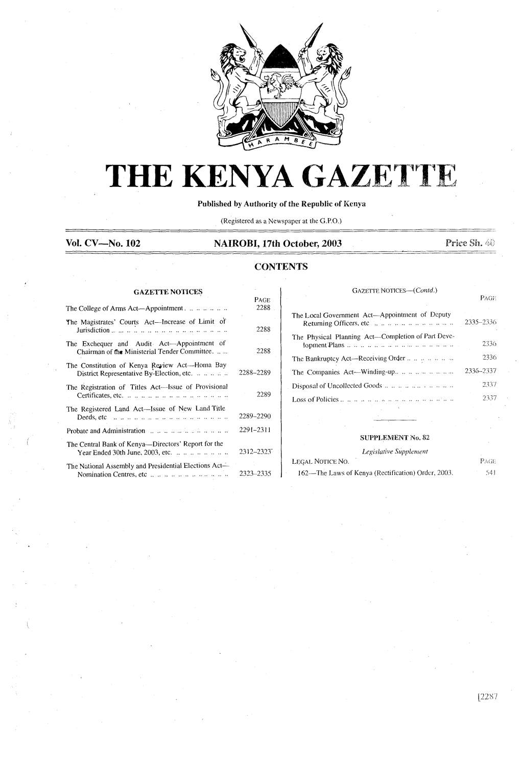 THE KENYA GAZETTE 17Th October, 2003