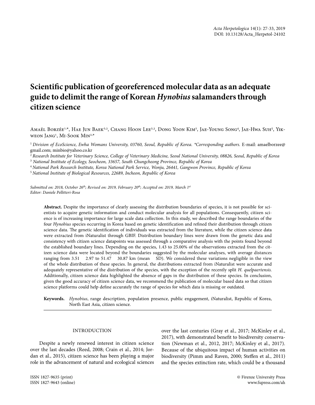 Scientific Publication of Georeferenced Molecular Data As an Adequate Guide to Delimit the Range of Korean Hynobius Salamanders Through Citizen Science